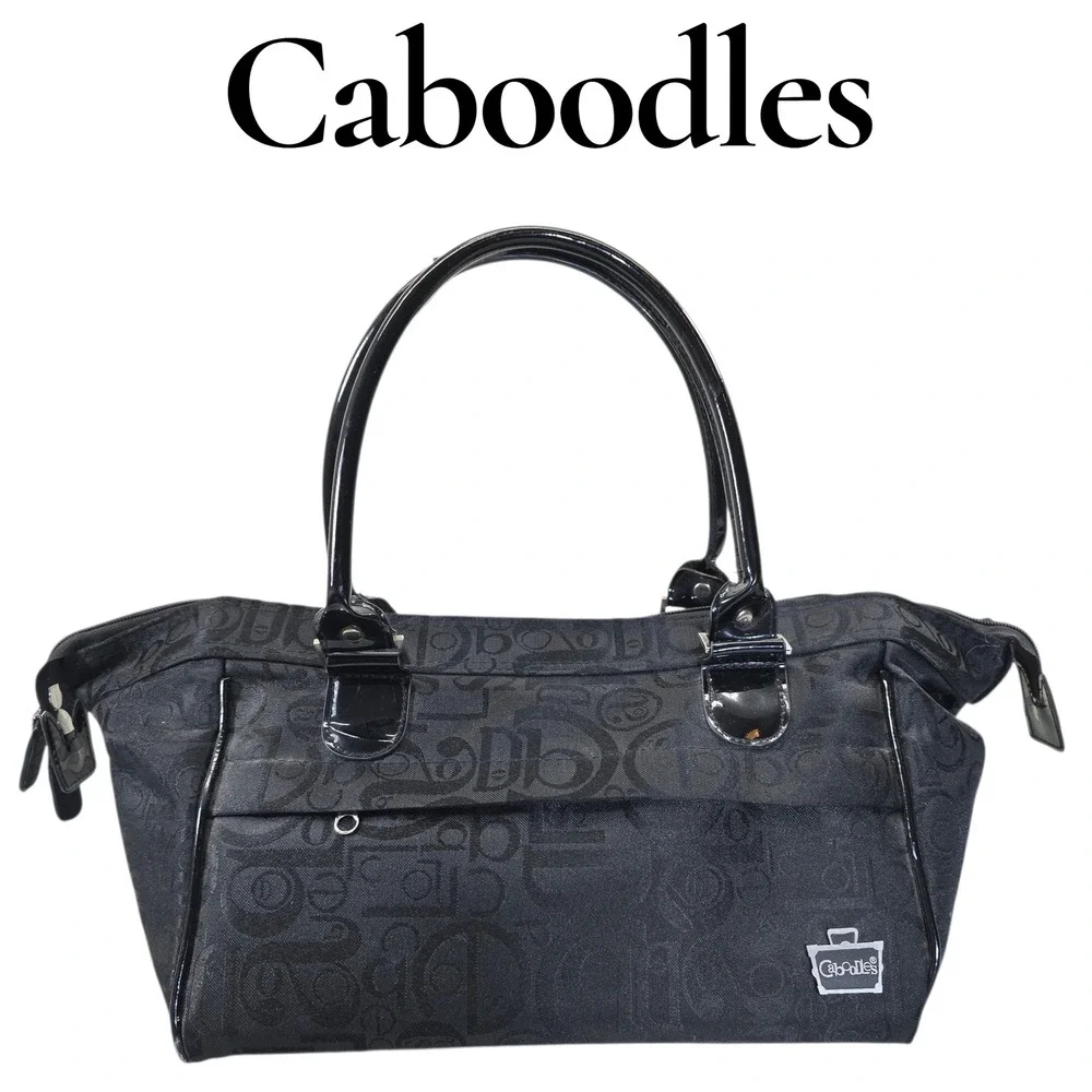 Caboodles‎ Black Signature Logo Tote Doctor Bag Patent Handles Top Zip Cosmetic
